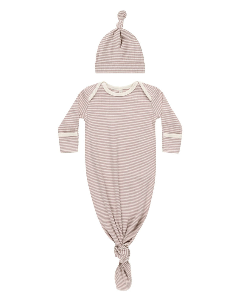 Knotted Baby Gown + Hat Set | Mauve Stripe